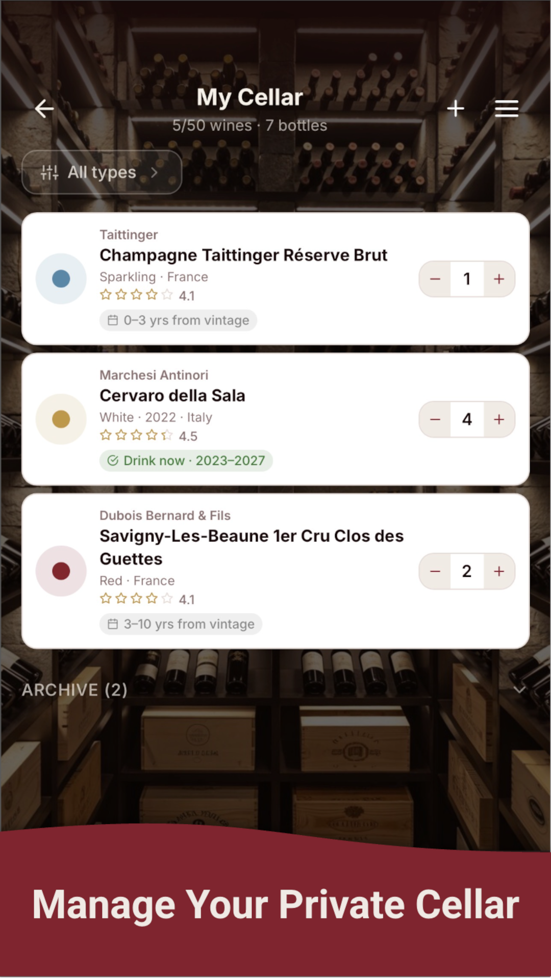 Manage your private cellar — personal wine collection app